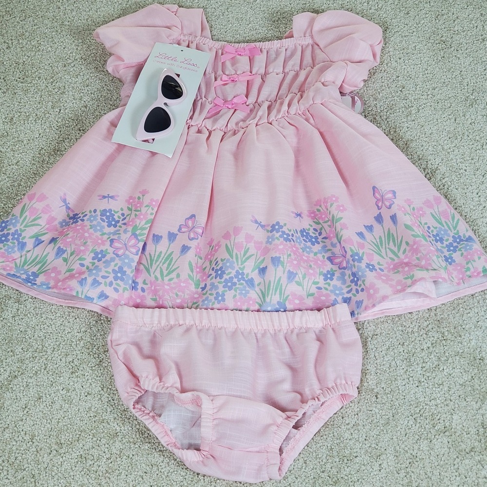 Little Lass Toddler Girls Dress 24M Pink Floral 3PC Bloomers & Sunglasses NWTGS